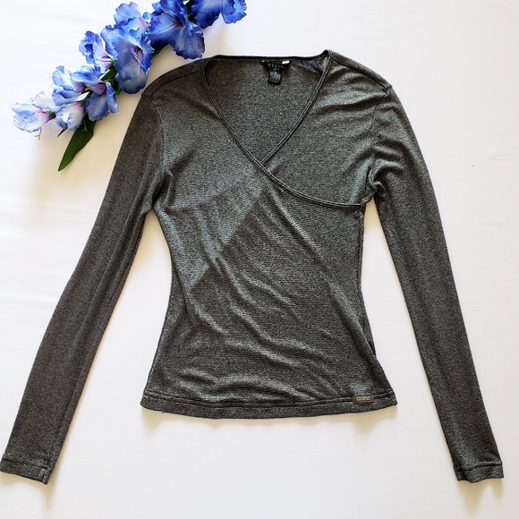 Guess Tops - Guess Metalic Silver Faux Wrap Long Sleeve Blouse